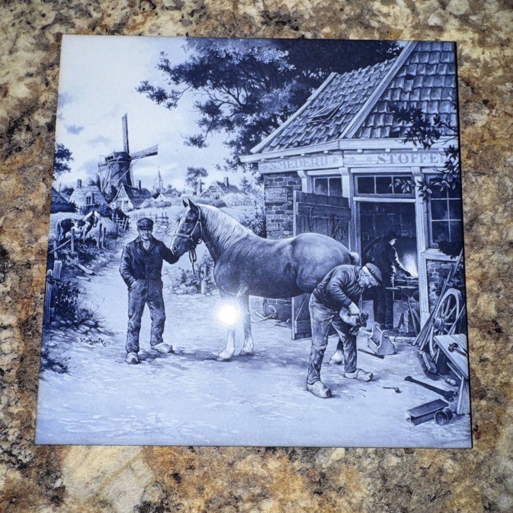 Royal Mosa Holland Delft Blue Tile Dutch Horse Farrier‎ Scene Vintage Ceramic